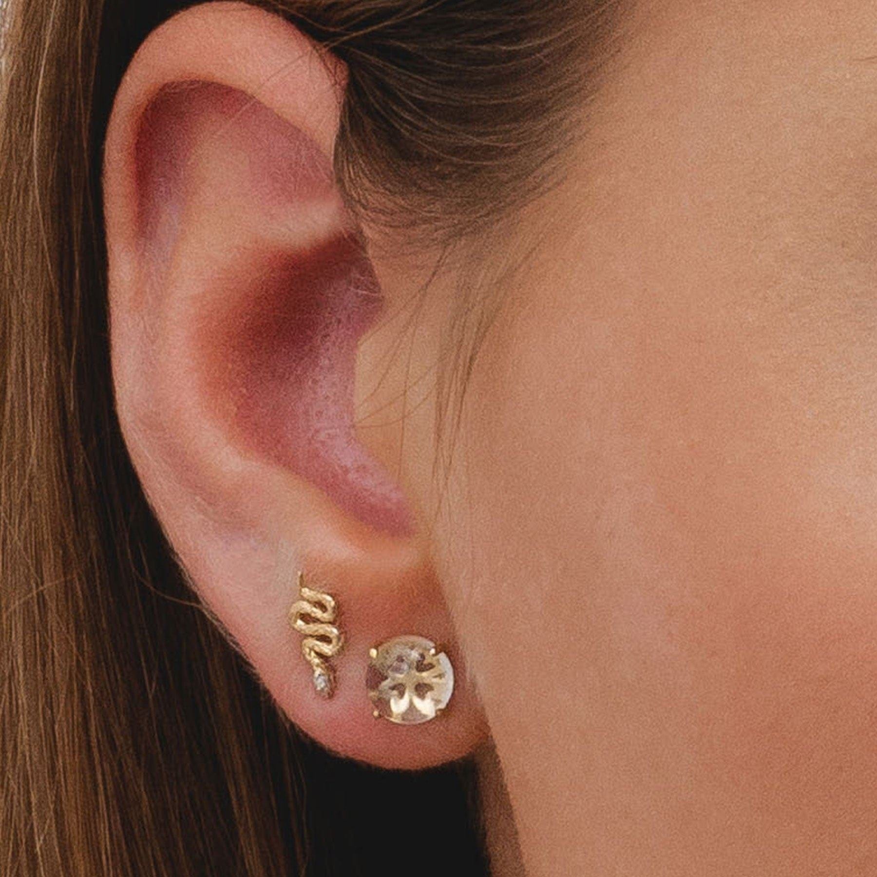 149E1692019 ECFEW™ Diamond Snake Wrap Stud Earrings in 9ct Yellow Gold On Model