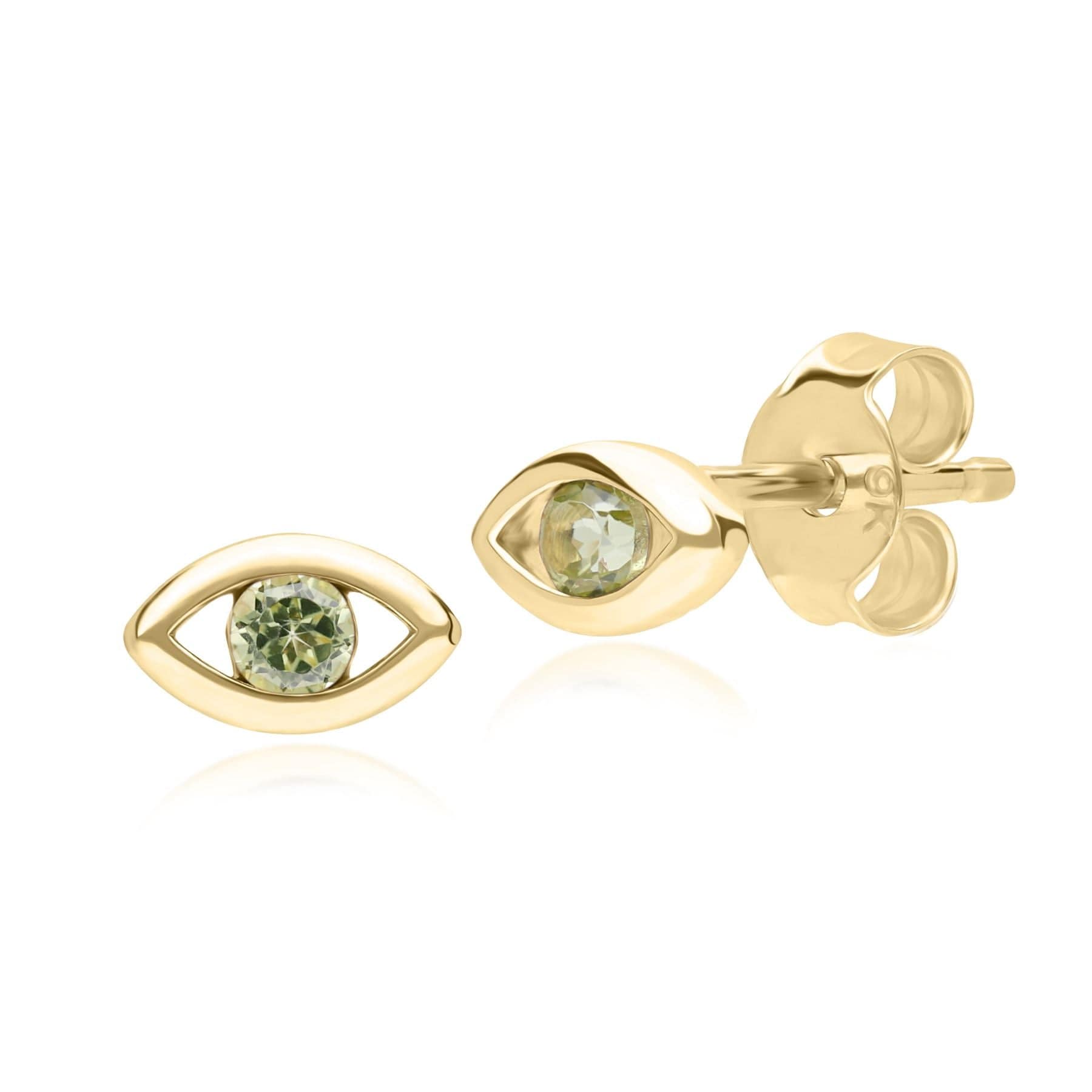 135E1825019 ECFEW™ Dainty Evil Eye Peridot Stud Earrings in 9ct Yellow Gold Front