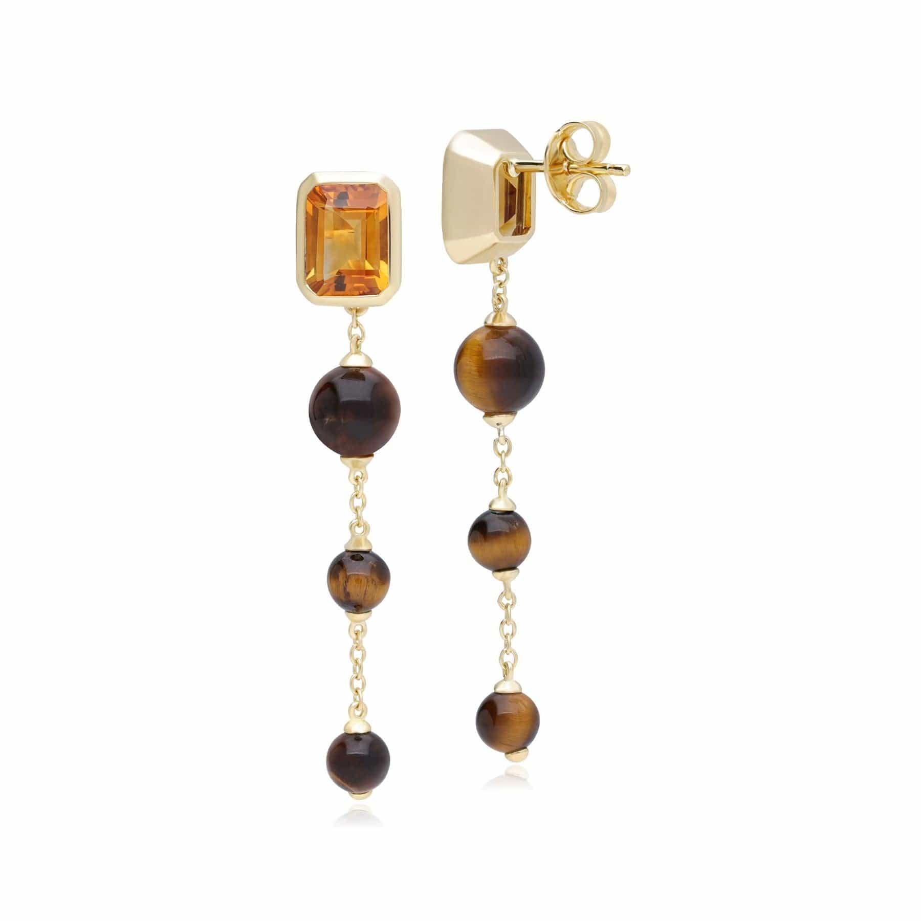 270E034401925 ECFEW™ Unifier Citrine & Tiger's Eye Dangle Drop Earrings In Yellow Gold Plated Silver 4