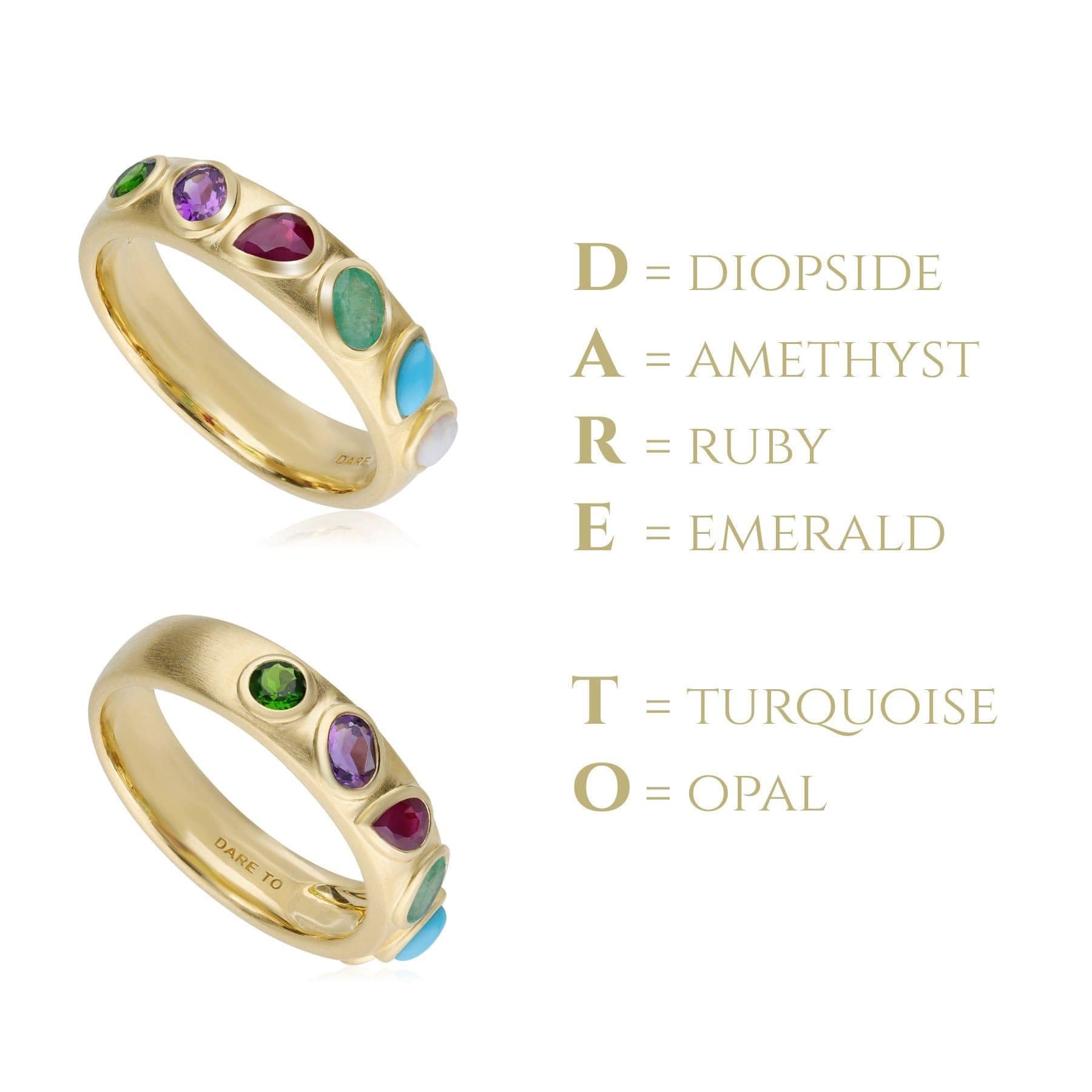 Coded Whispers 'Dare To' Acrostic Gemstone Ring In Yellow Gold Plated Silver - Gemondo