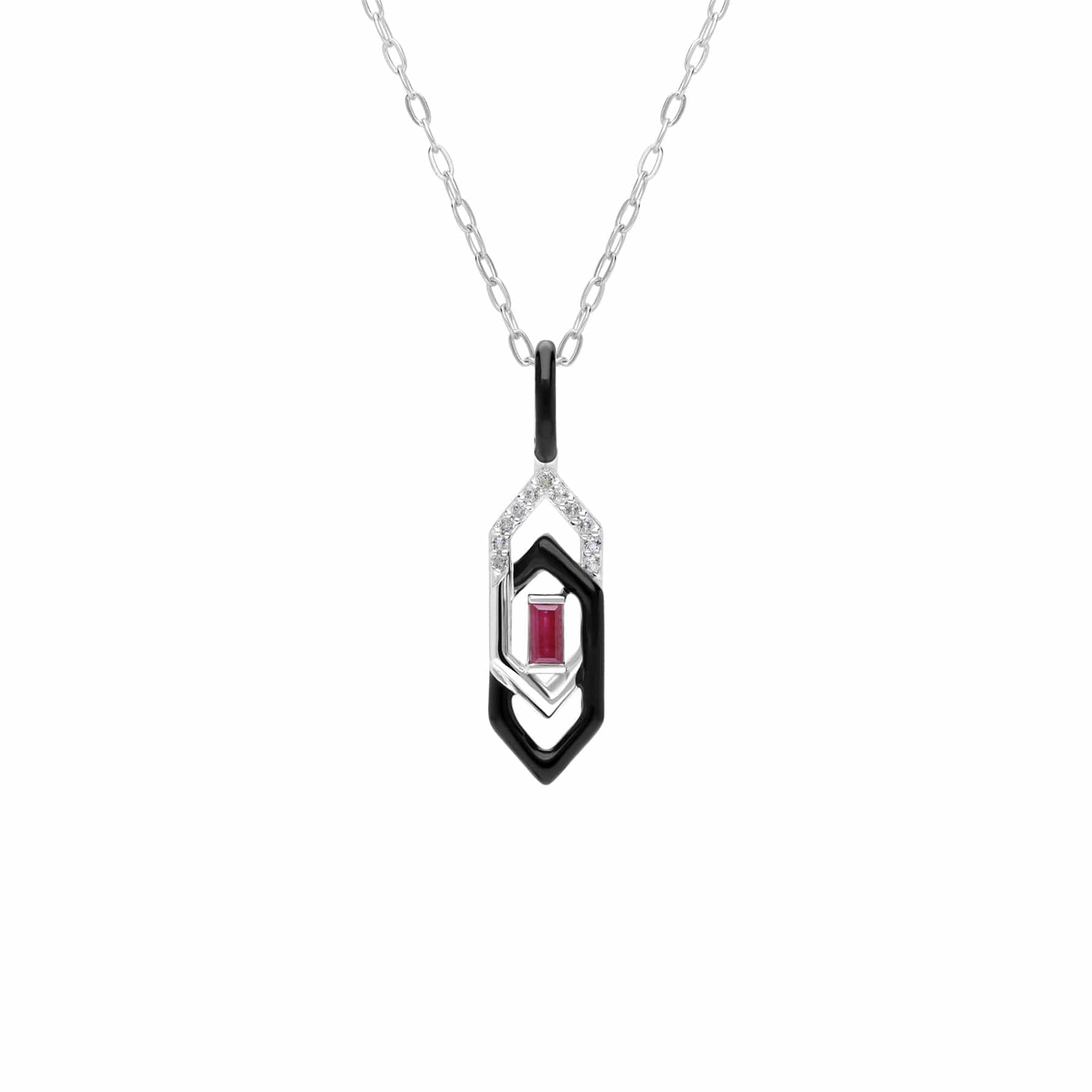 162P0262019 Grand Deco Black Enamel, White Topaz & Ruby Pendant in 9ct White Gold 1