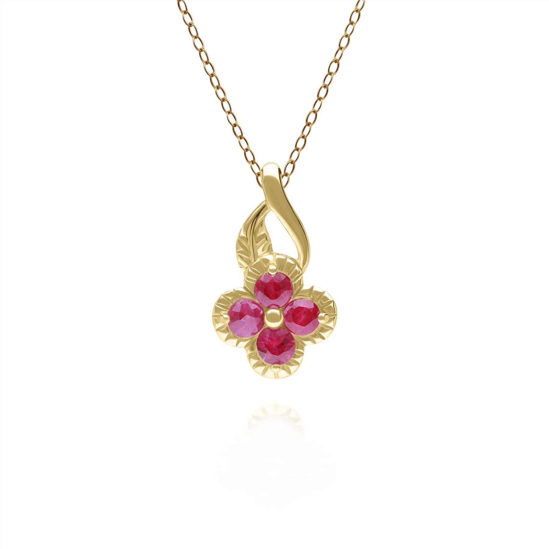 Floral Round Ruby Pendant in 9ct Yellow Gold - Gemondo