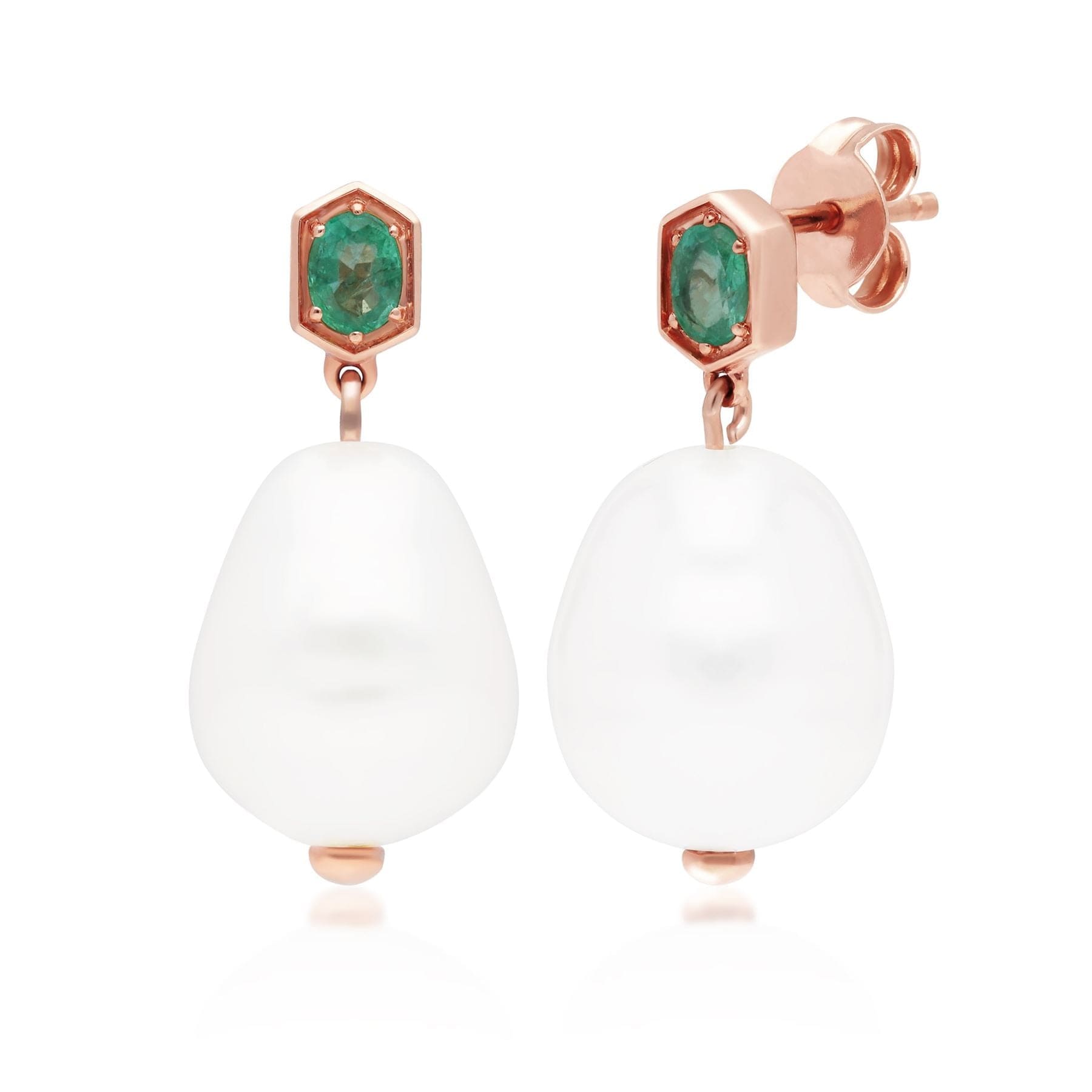 Modern Baroque Pearl & Emerald Drop Earrings in Rose Gold Plated Sterling Silver