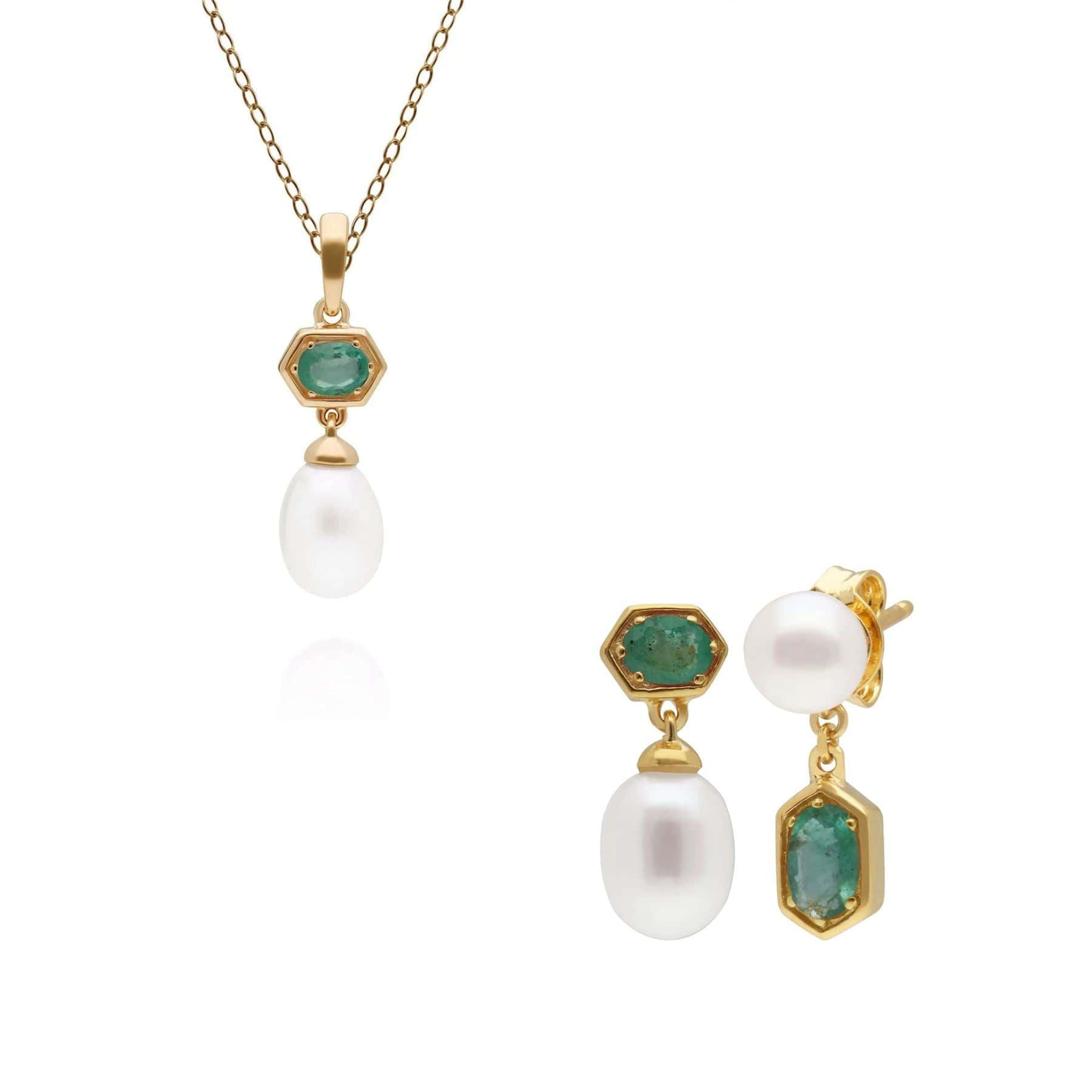270P030203925-270E030203925 Modern Pearl & Emerald Pendant & Earring Set in Gold Plated Silver 1