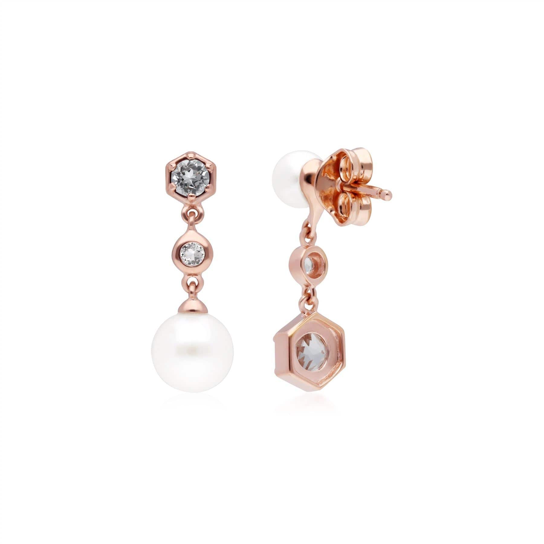 270E030309925 Modern Pearl, White Topaz Mismatched Drop Earrings in Rose Gold Plated Silver 2