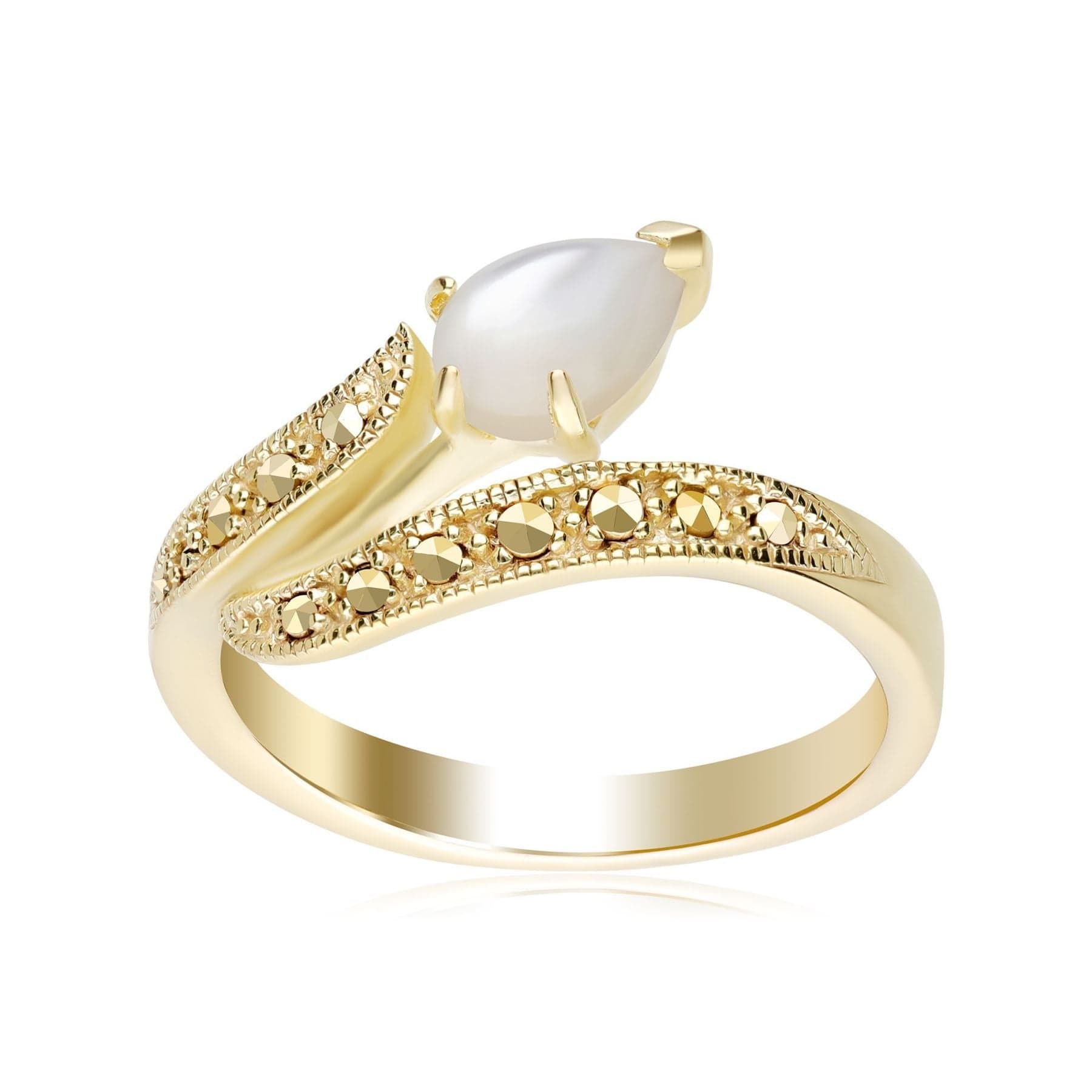 234R043801925 Art Nouveau Inspired Mother of Pearl & Marcasite Twist Ring in 18ct Gold Plated Silver 3