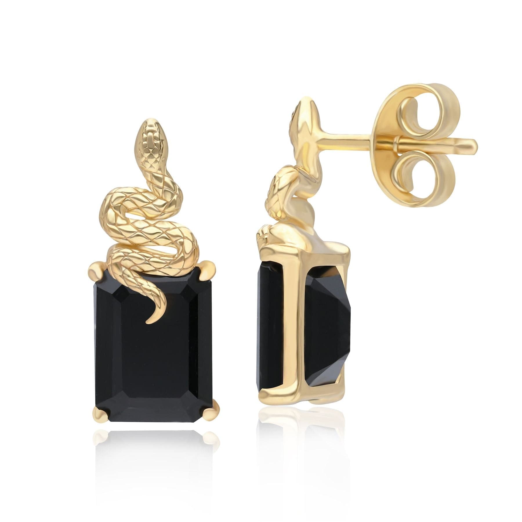 Grand Deco Black Onyx Snake Stud Earrings in Gold Plated Sterling Silver - Gemondo