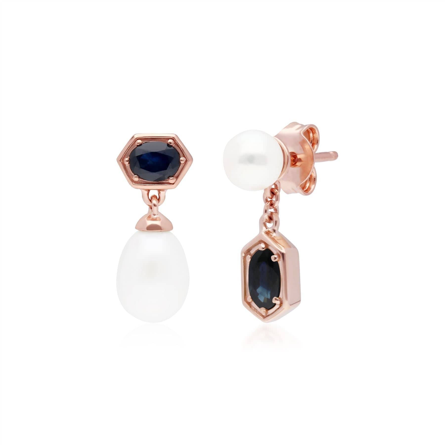 Modern Pearl & Sapphire Pendant & Earring Set in Rose Gold Plated Silver - Gemondo