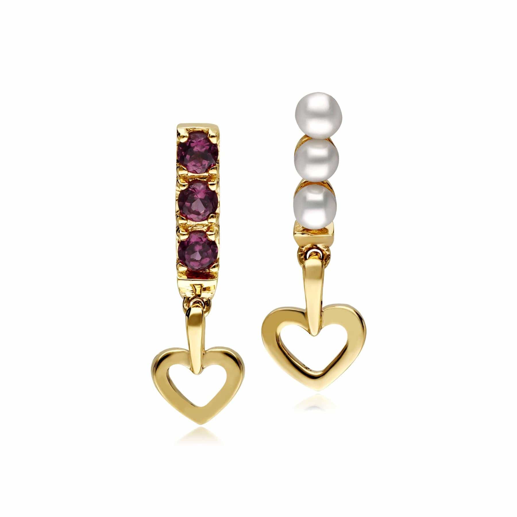 Cultured Freshwater Pearl & Rhodolite Mismatched Heart Drop Earrings In 9ct Yellow Gold - Gemondo