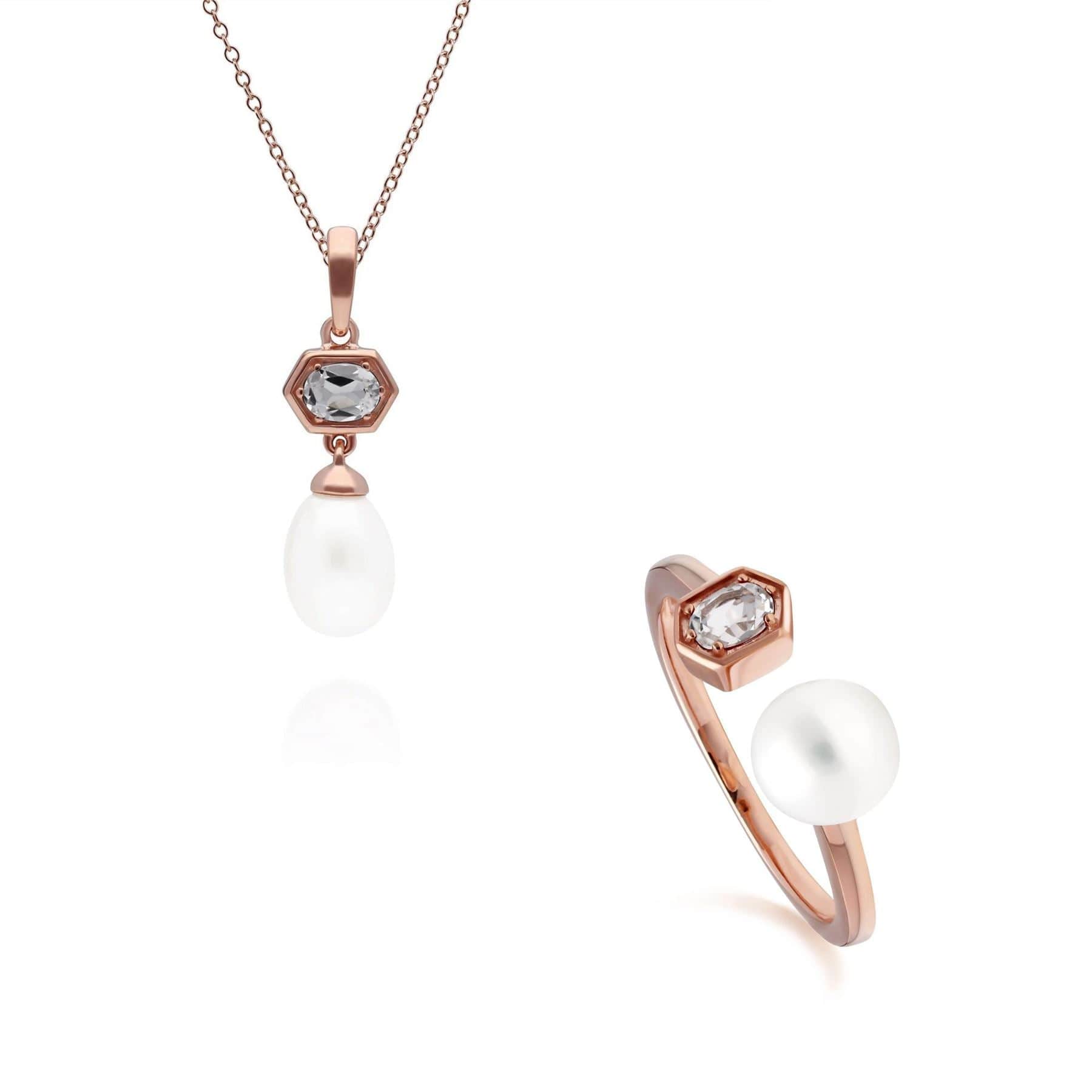 270P030409925-270R058910925 Modern Pearl & Topaz Pendant & Ring Set in Rose Gold Plated Silver