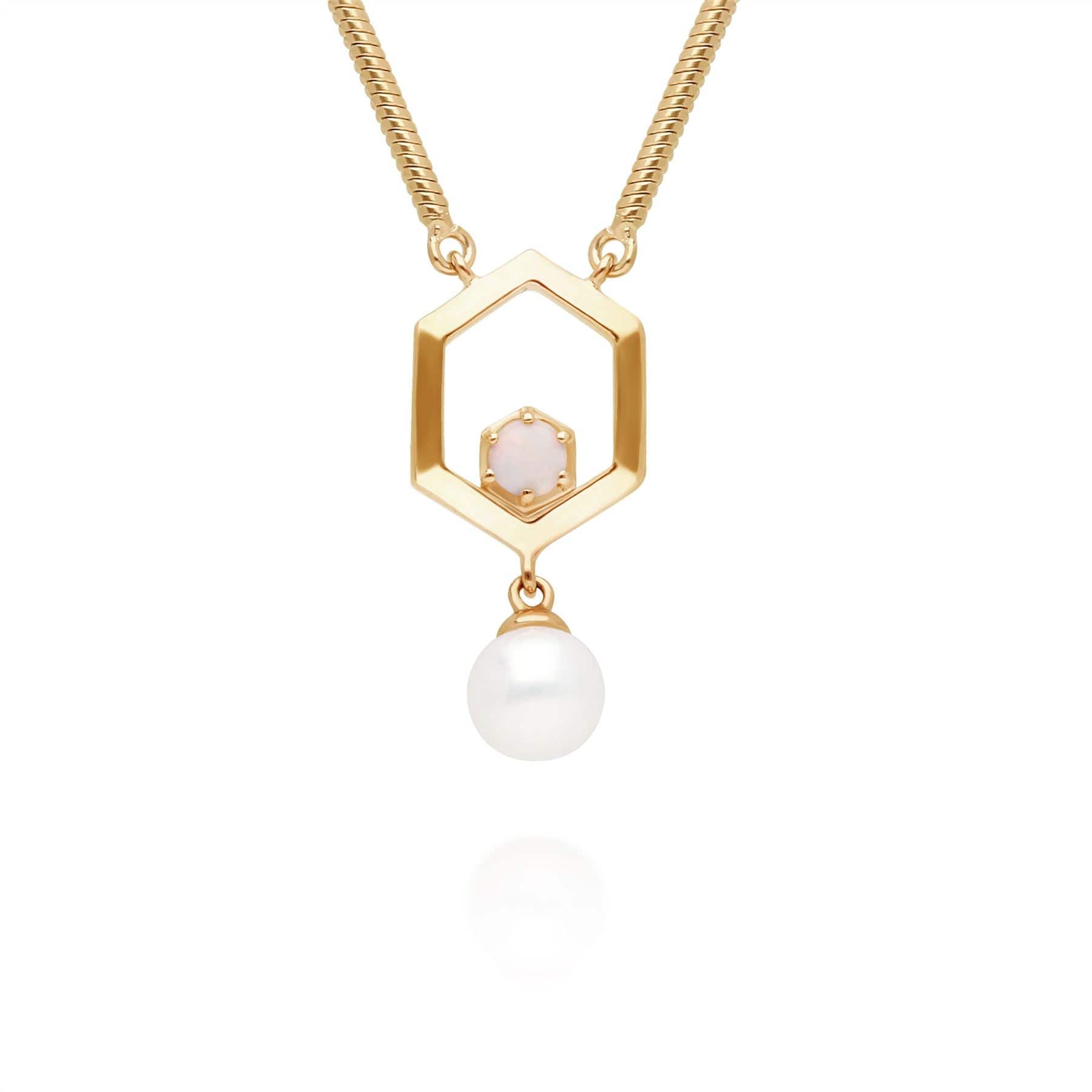 270N035701925 Modern Pearl & Opal Hexagon Drop Necklace in Gold Plated Silver 1