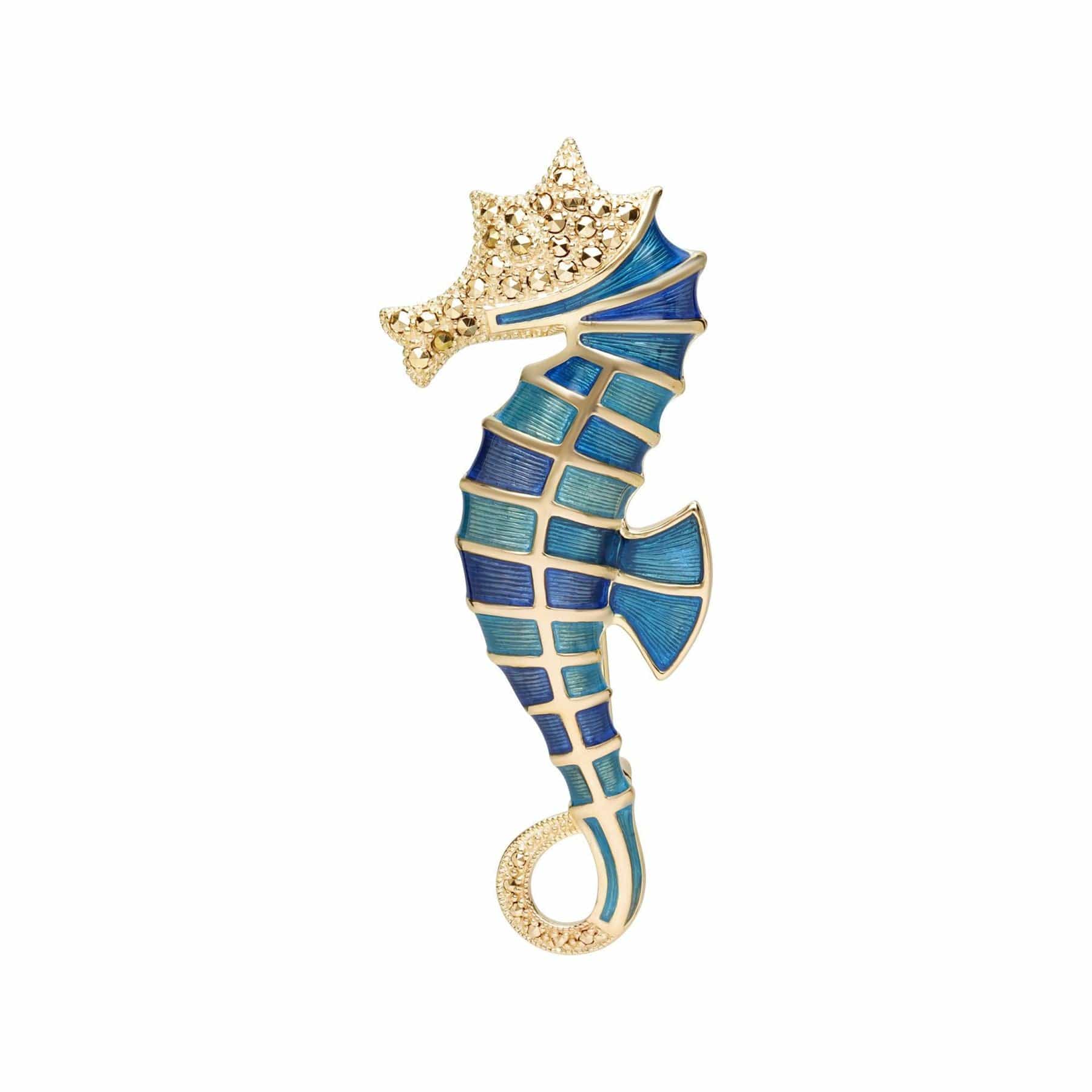 234C002901925 Marcasite & Enamel Seahorse Brooch in 18ct Gold Plated Silver 1