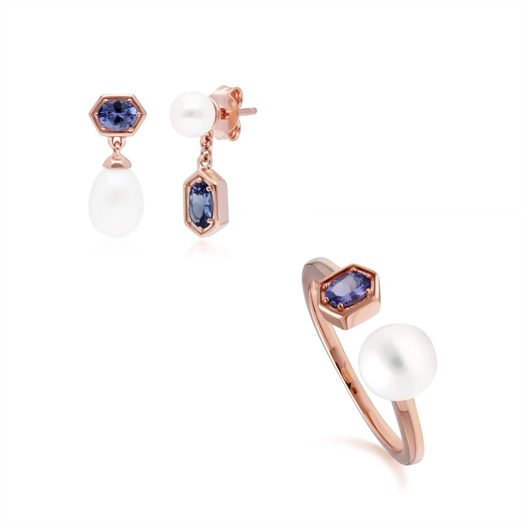 Modern Pearl & Tanzanite Earring & Ring Set in Rose Gold Plated Silver - Gemondo