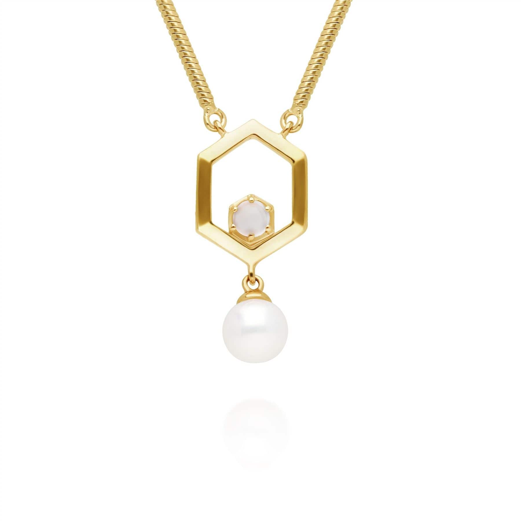 Modern Pearl & Moonstone Hexagon Drop Necklace in Gold Plated Silver - Gemondo