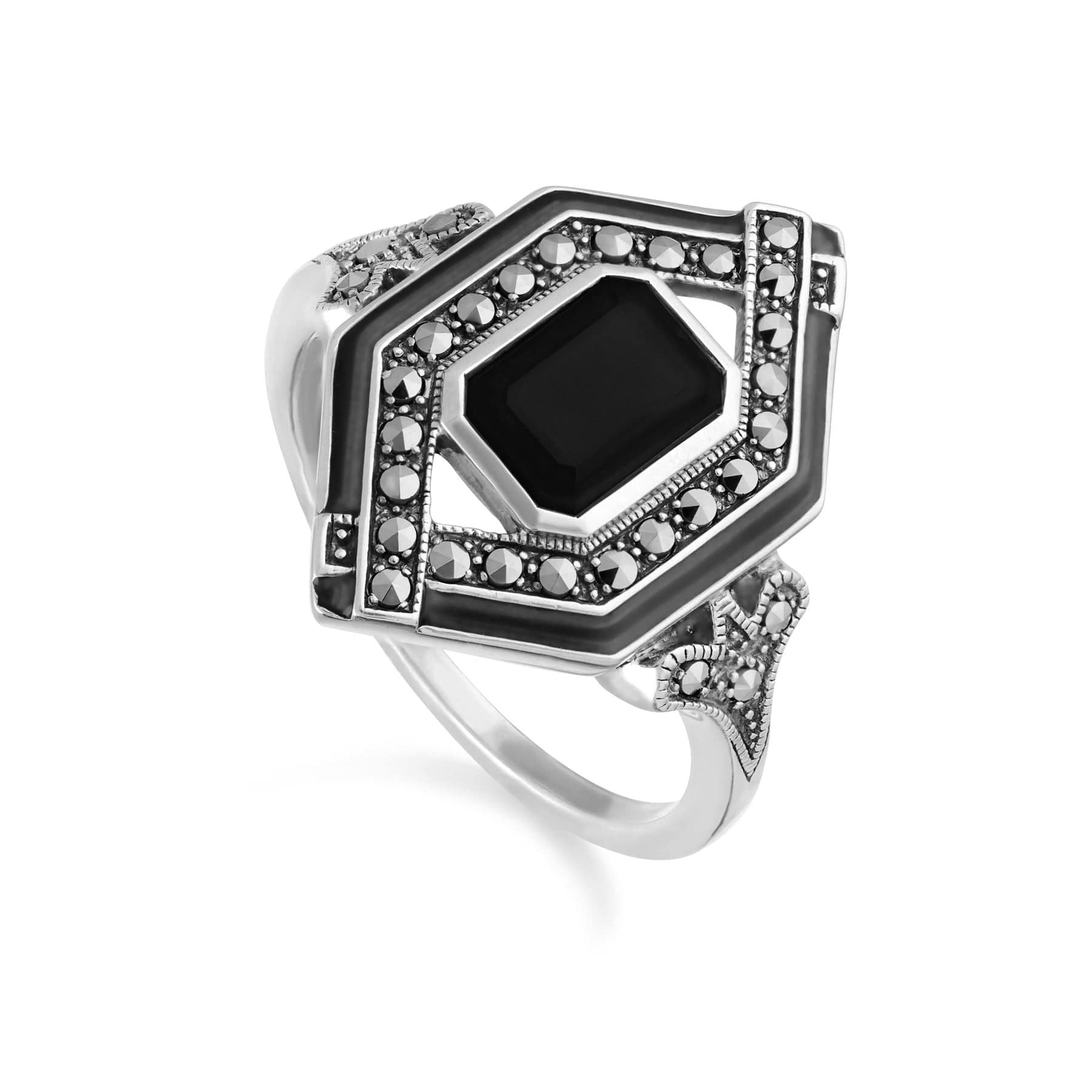 214R608101925 Art Deco Inspired Spinel, Enamel & Marcasite Rhombus Ring In Sterling Silver 1