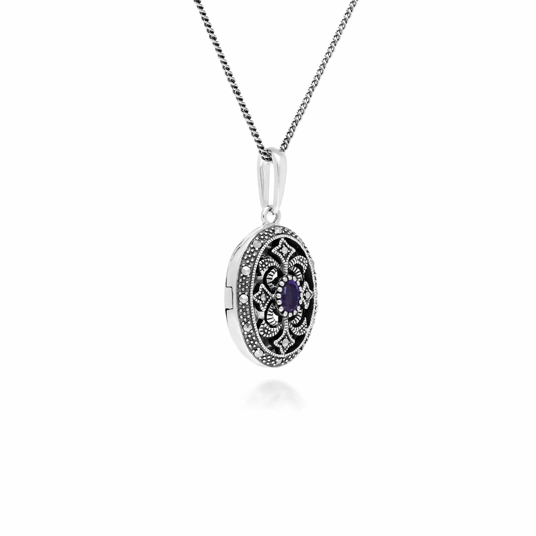 Art Nouveau Style Oval Amethyst & Marcasite Locket Necklace in 925 Sterling Silver - Gemondo