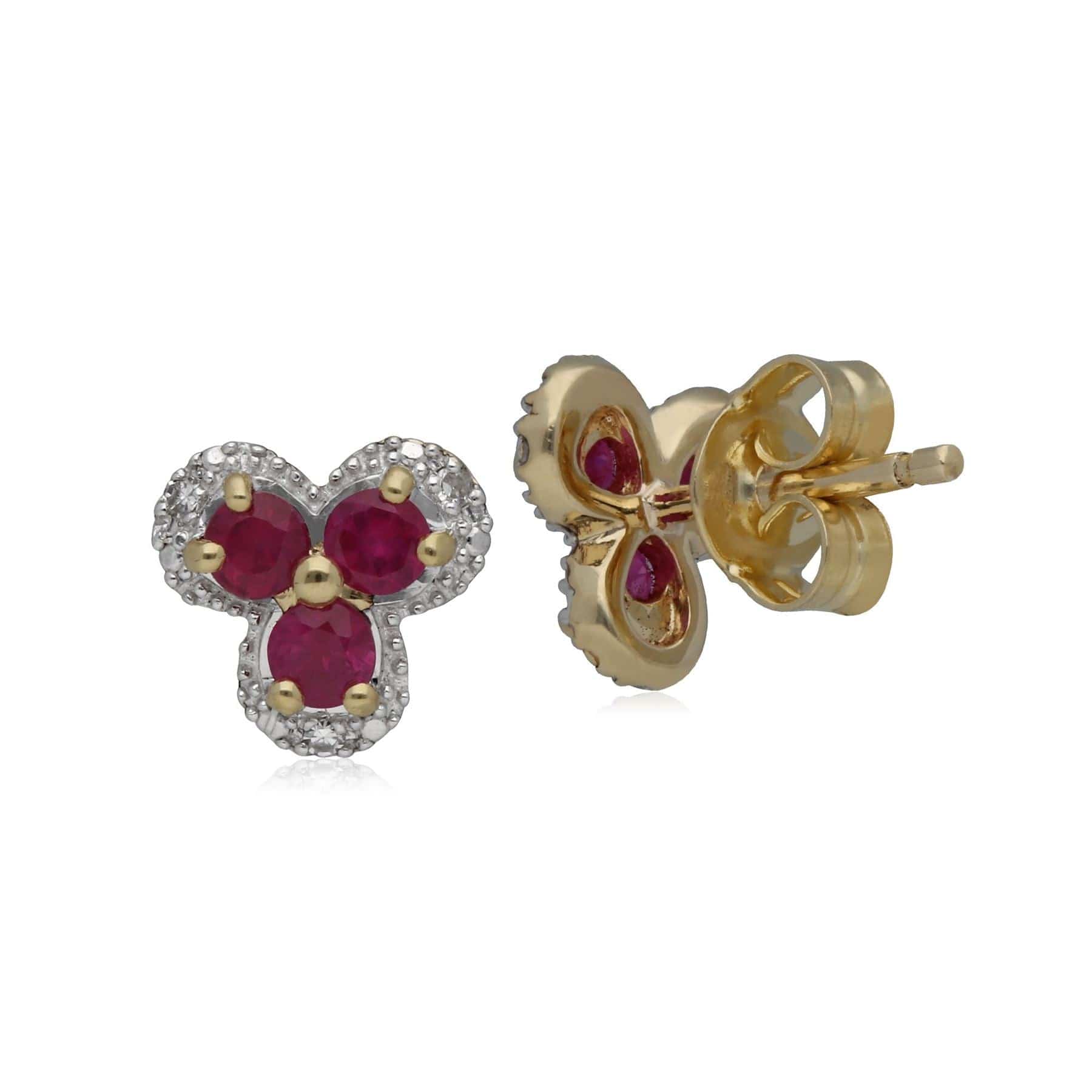 183E1133029 Classic Floral Ruby & Diamond Stud Earrings in 9ct Yellow Gold 2