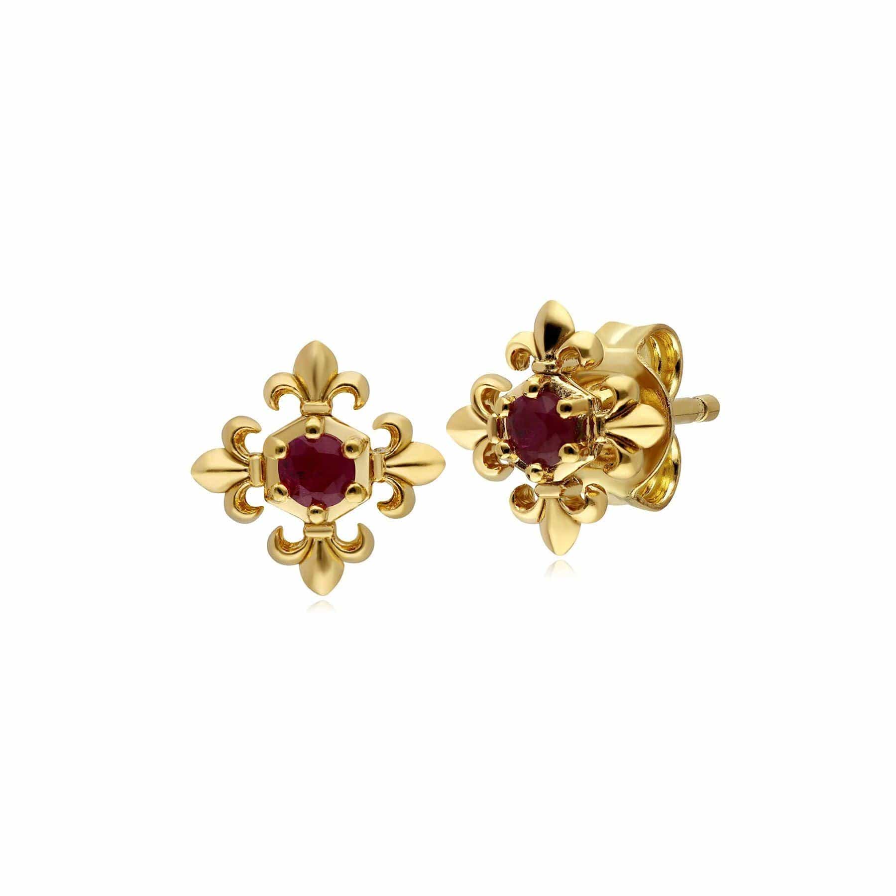132E2677019 ECFEW™ Ruby Fleur De Lis Stud Earrings In 9ct Yellow Gold 1