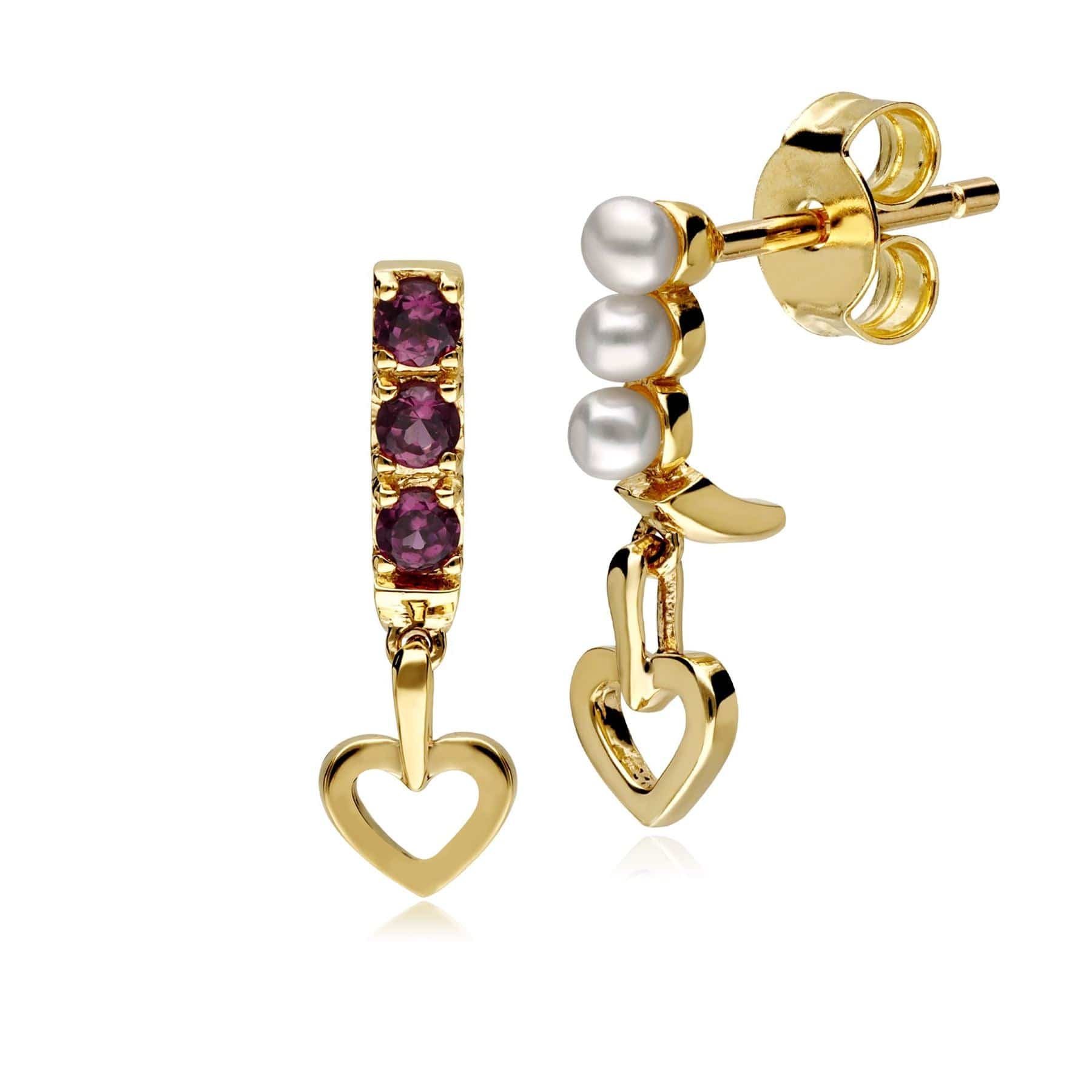 133E4182019 Cultured Freshwater Pearl & Rhodolite Mismatched Heart Drop Earrings In 9ct Yellow Gold 4