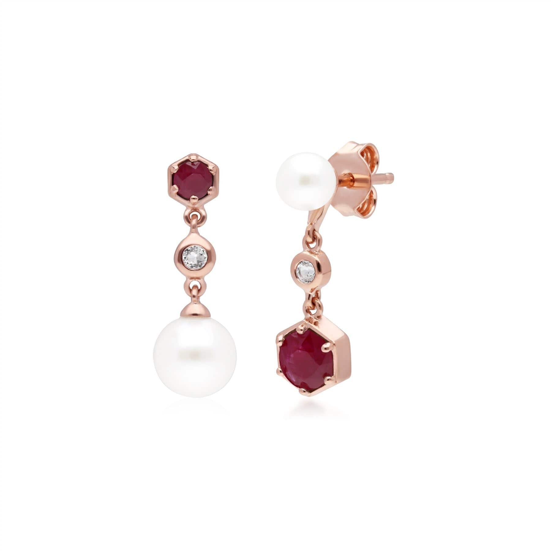 270E030302925 Modern Pearl, Ruby & Topaz Mismatched Drop Earrings in Rose Gold Plated  Silver 1