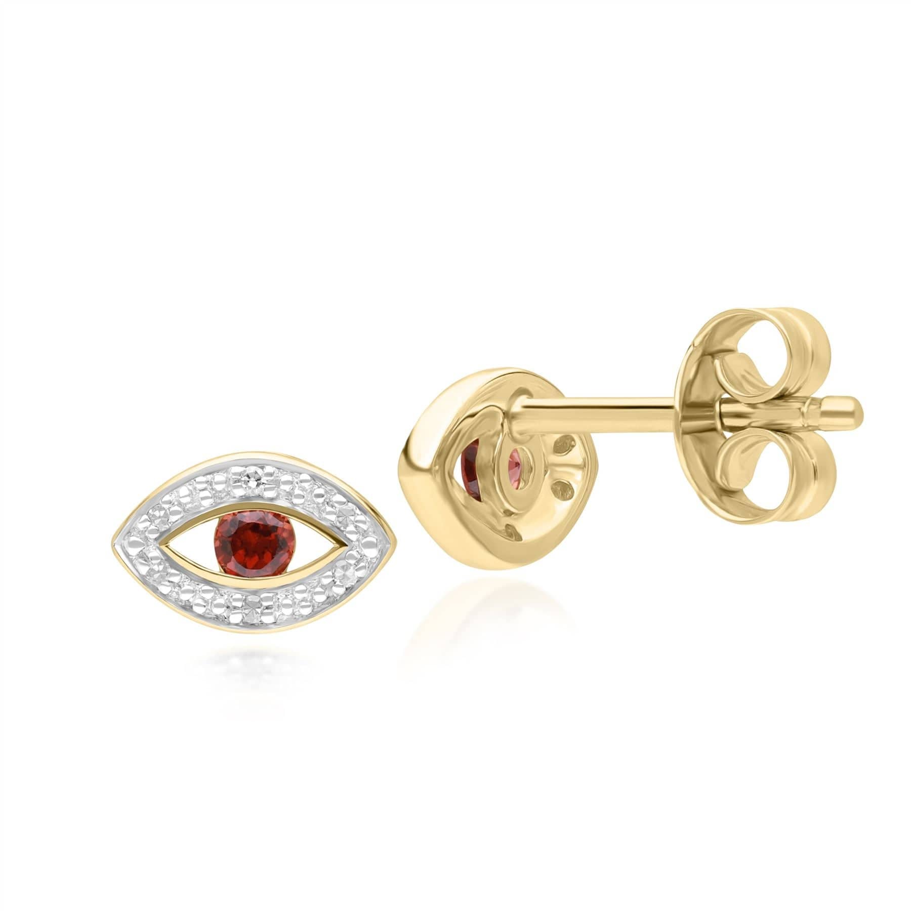 135E1824059 ECFEW™ Dainty Evil Eye Garnet & Diamond Stud Earrings in 9ct Yellow Gold Side