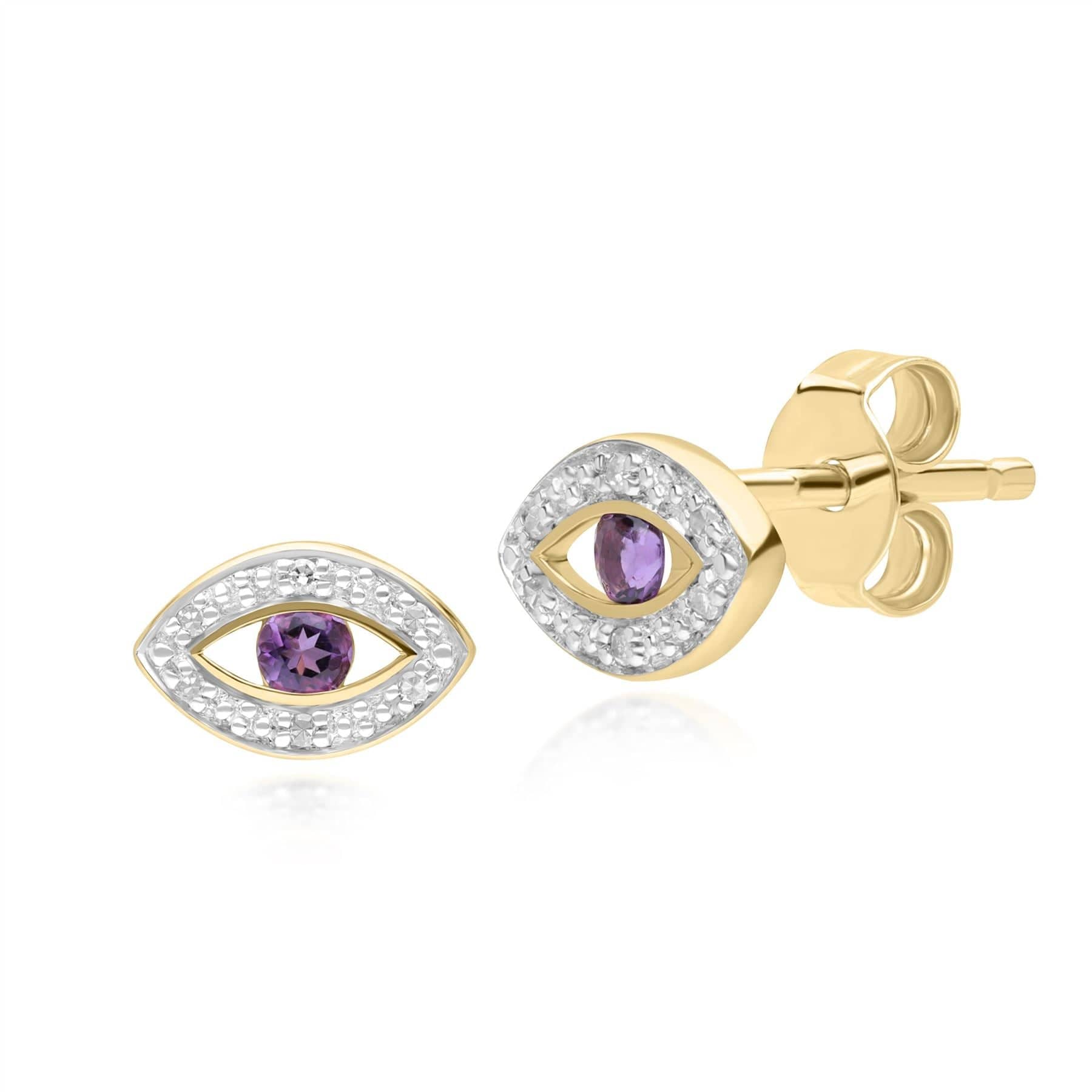 135E1824029 ECFEW™ Dainty Evil Eye Amethyst & Diamond Stud Earrings in 9ct Yellow Gold Front