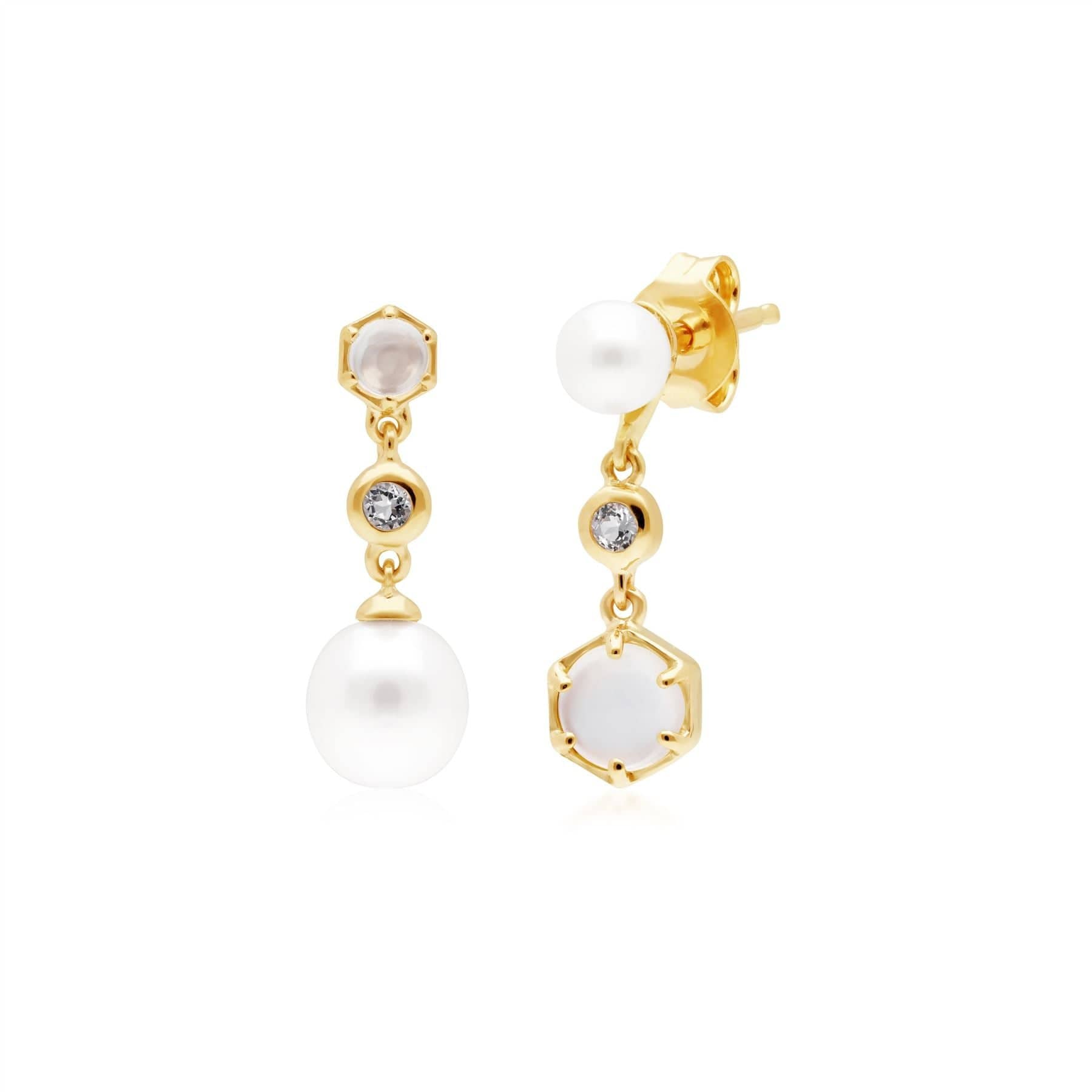 270E030702925 Modern Pearl, Moonstone & Topaz Mismatched Drop Earrings in Gold Plated Silver 1