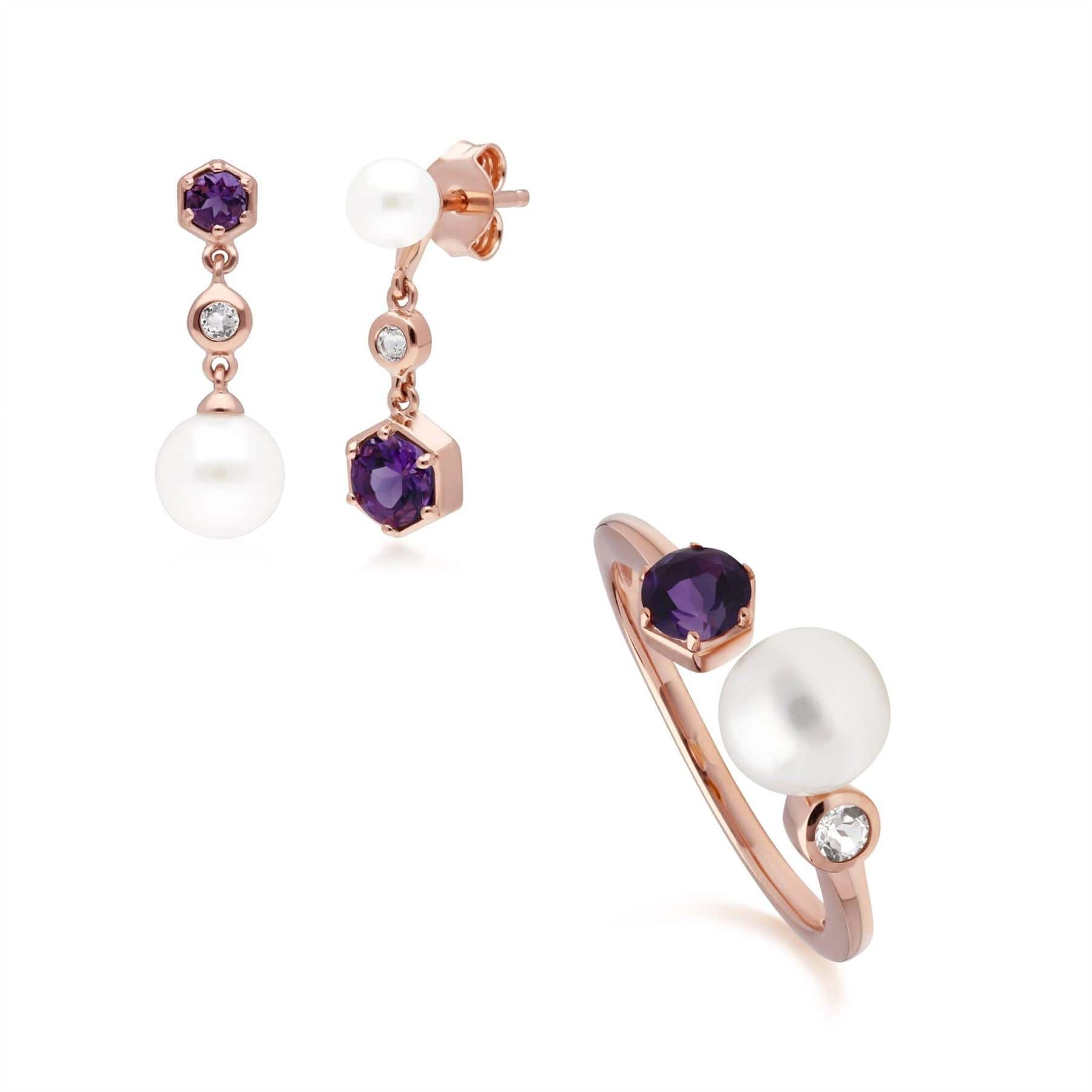 270E030304925-270R058804925 Modern Pearl, Amethyst & Topaz Earring & Ring Set in Rose Gold Plated Silver 1