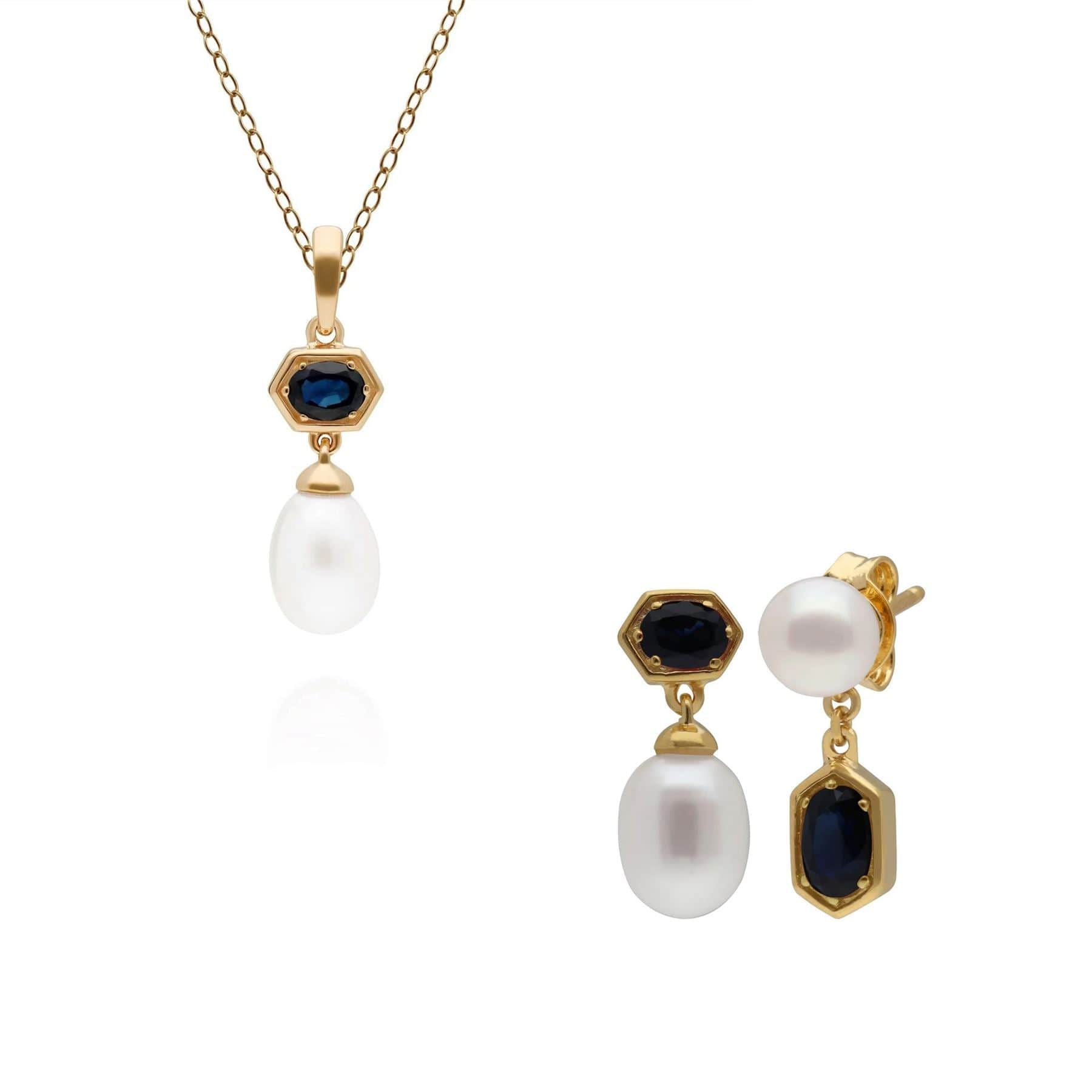 270P030201925-270E030201925 Modern Pearl & Sapphire Pendant & Earring Set in Gold Plated Silver 1