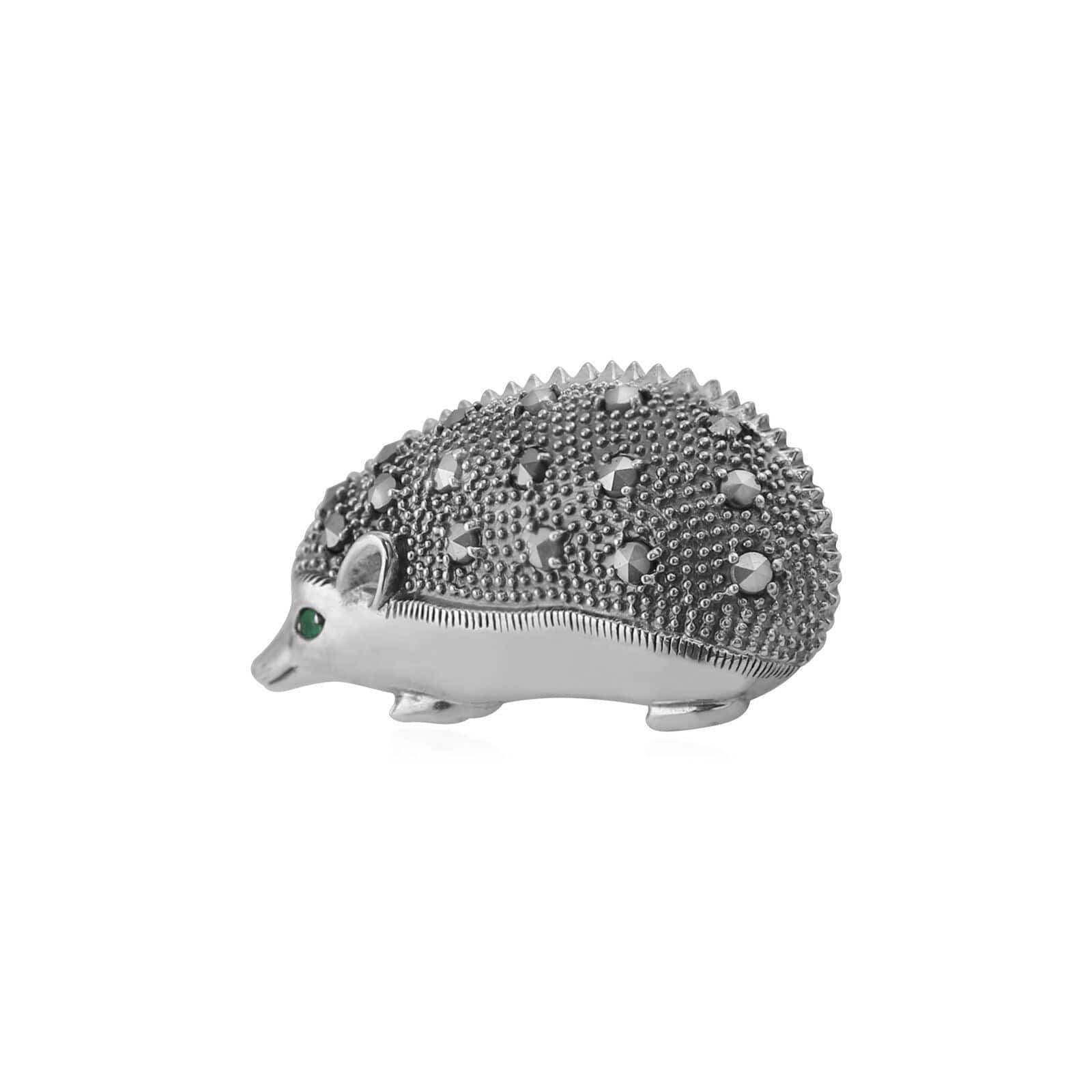 214C269201925 Classic Round Marcasite & Emerald Hedgehog Brooch in 925 Sterling Silver 1