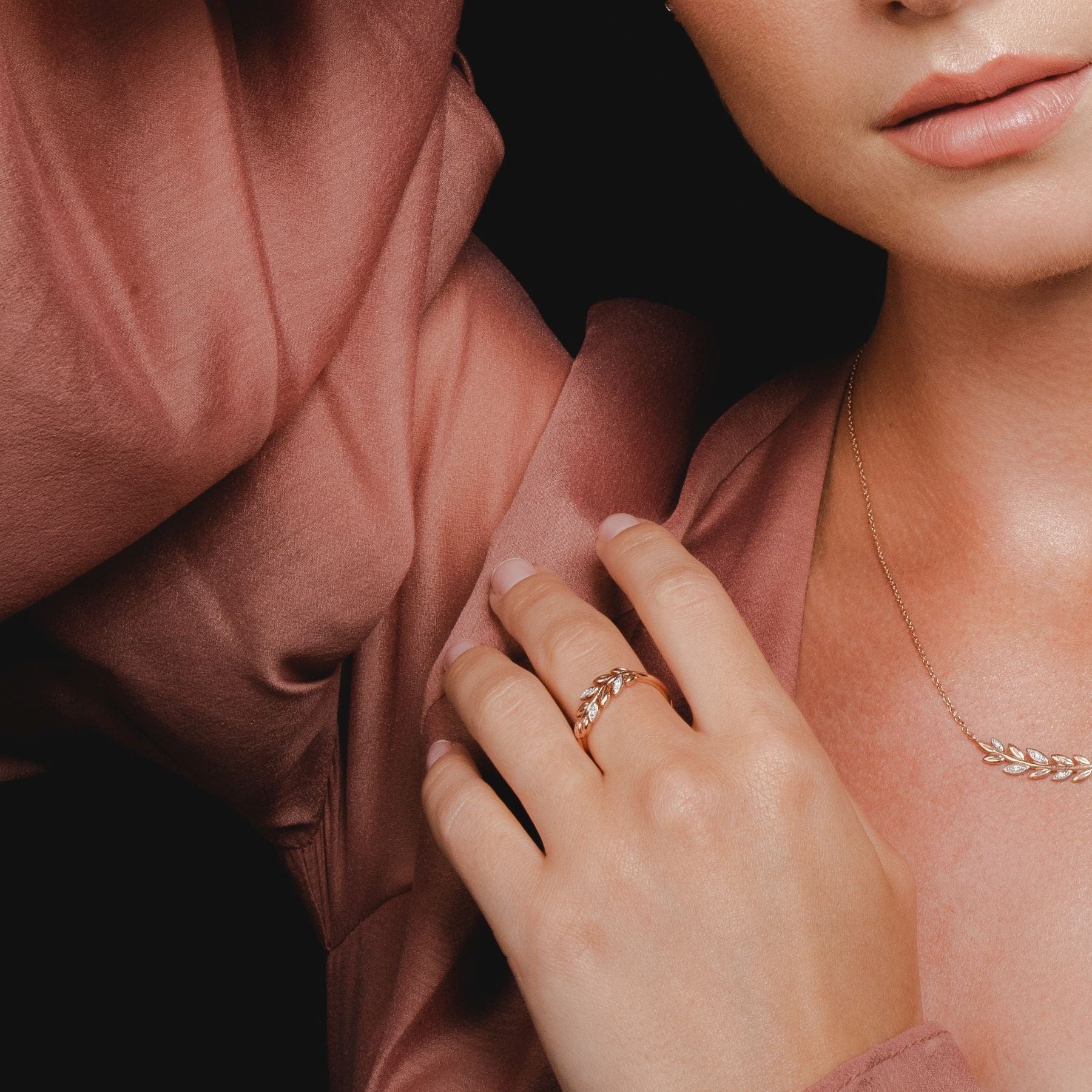 O Leaf Diamond Olive Branch Ring in 9ct Rose Gold - Gemondo