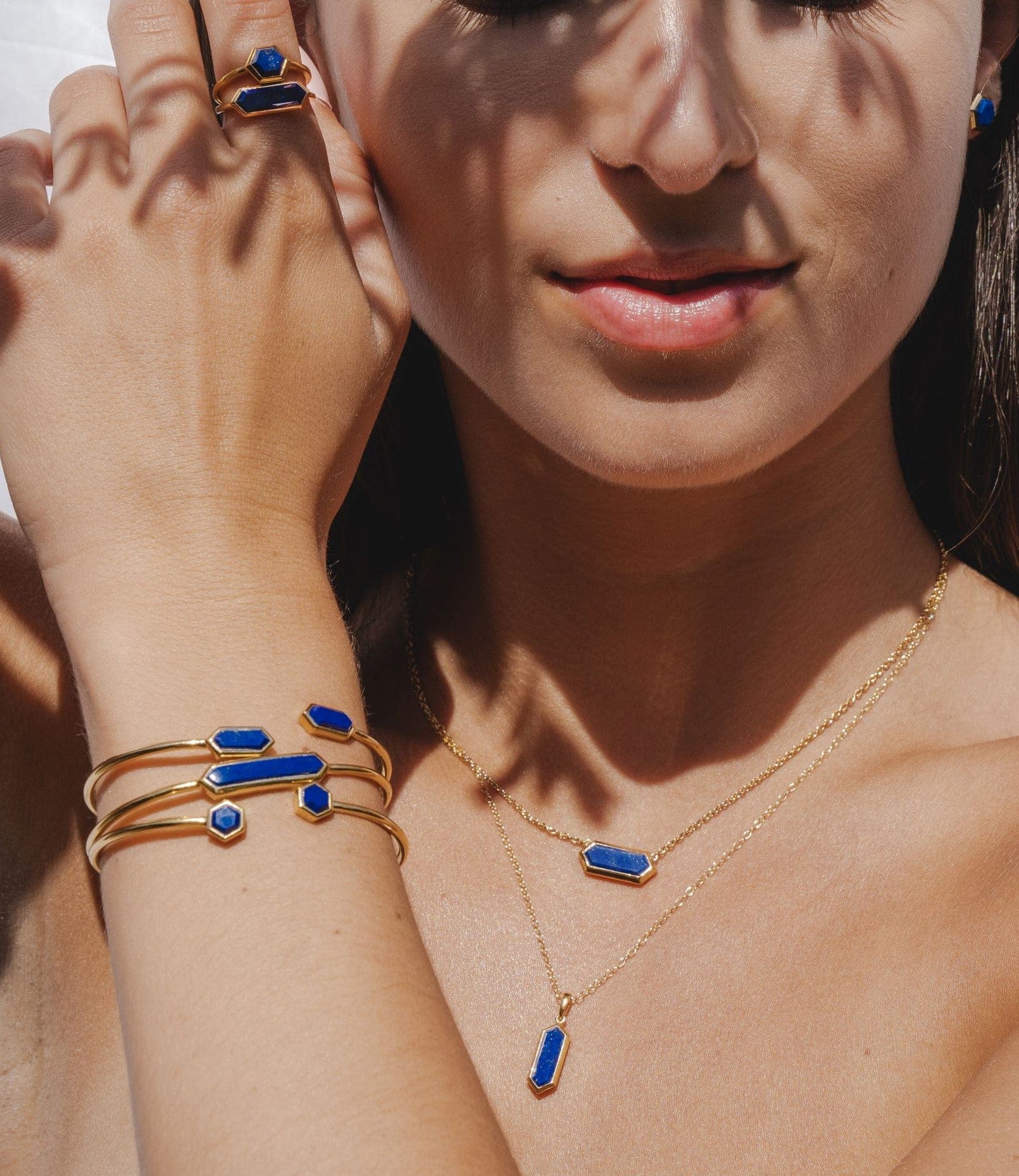 270B009502925 Geometric Lapis Lazuli Open Bangle in Gold Plated Silver 2