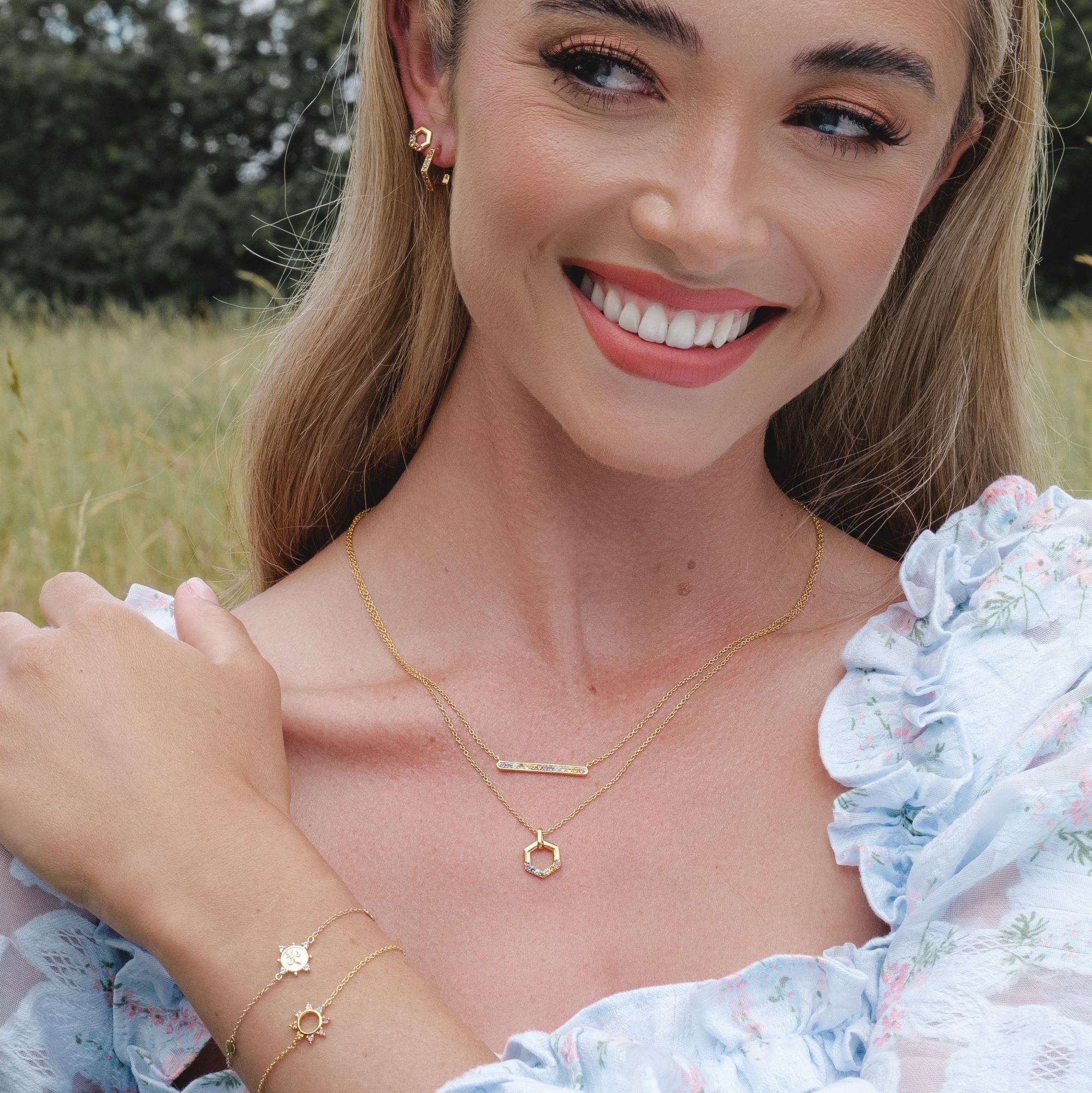 Rainbow Hexagon Hoop Earrings in Gold Plated Sterling Silver - Gemondo