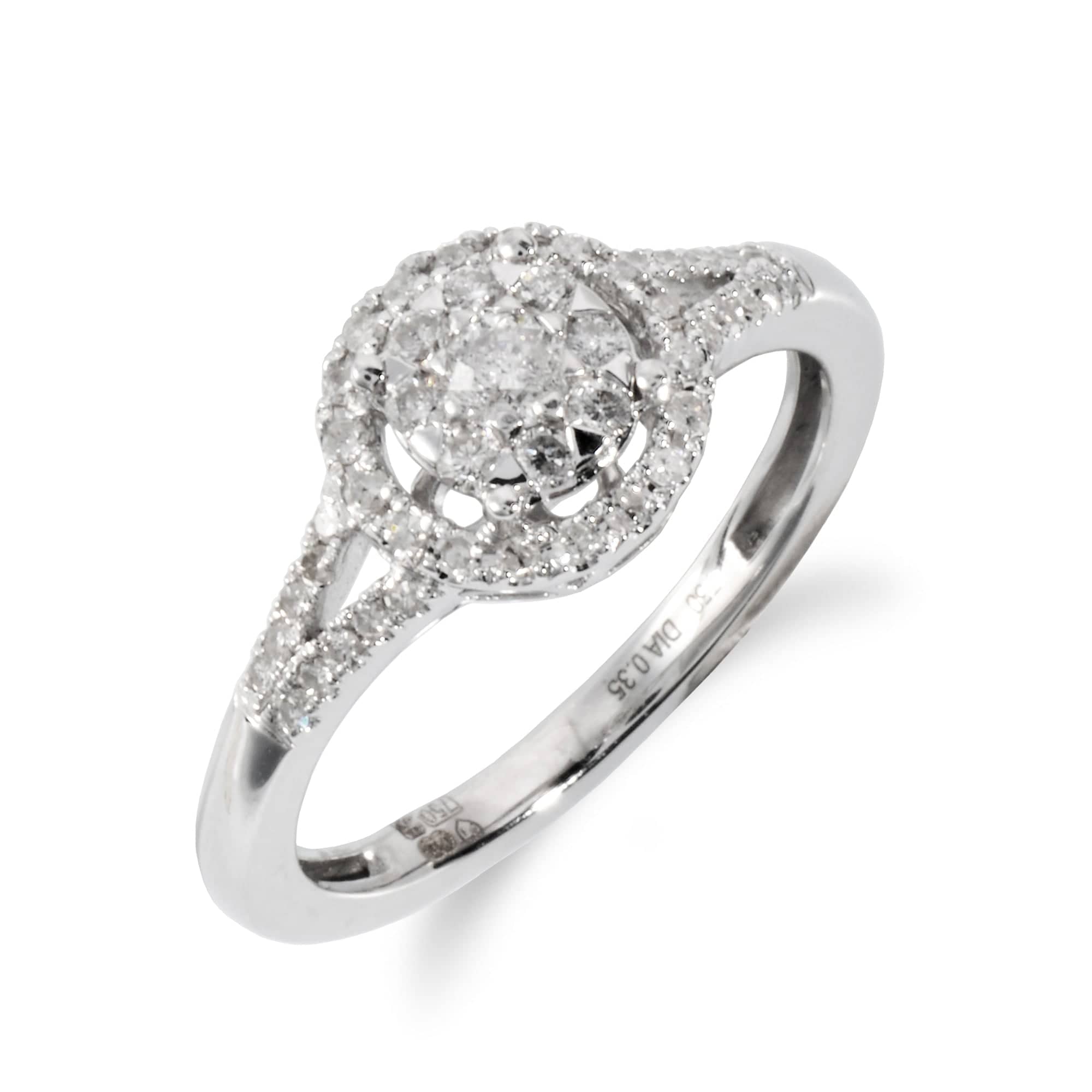 Classic Round Diamond Split Shank Halo Cluster Ring in 18ct White Gold - Gemondo