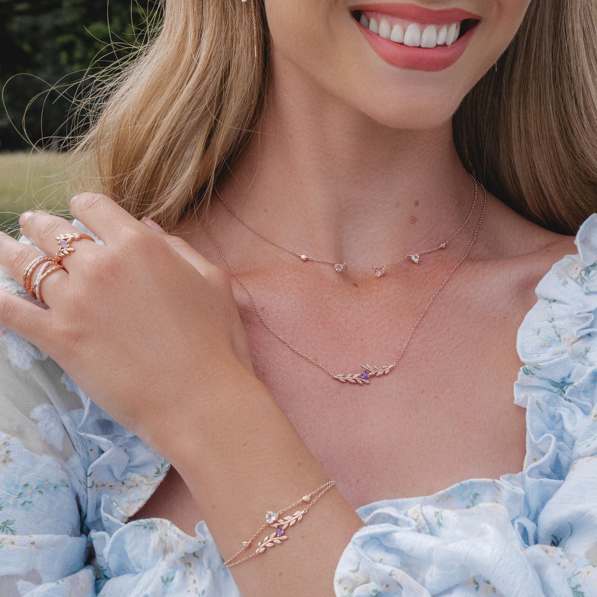 Gemondo Nature Olive Branch O Leaf Amethyst Necklace in 9ct Rose Gold