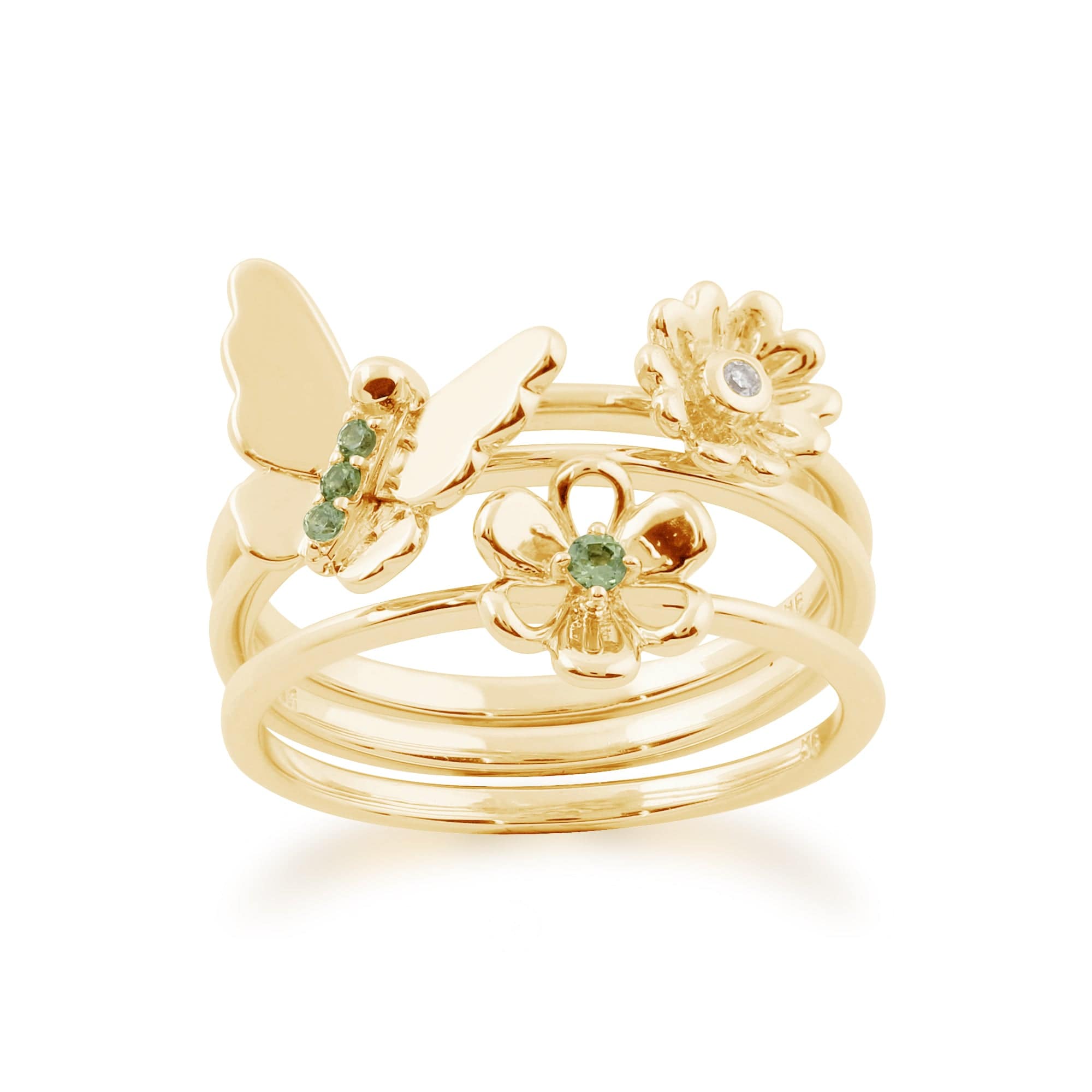 Floral Peridot & Diamond Butterfly & Flowers Three Stack Ring Set Image 1